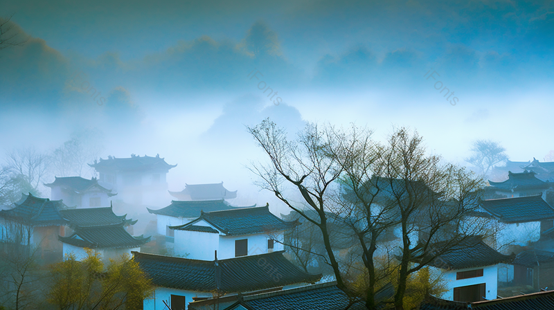 故乡枯树风景山村晨雾,高清,摄影图,摄影图片,图片大全,摄影图免费下载